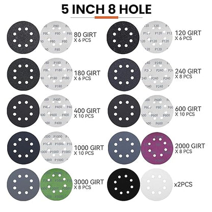 72PCS 5 Inch Sanding Discs Hook & Loop Sandpaper 80/120/180/240/400/600/1000/2000/3000 Grit Orbital Wet Dry Sandpaper with 2PCS Interface Pads for Automotive Wood Metal Polishing