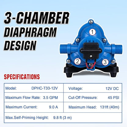 DC HOUSE 12V RV Water Diaphragm Pump Quiet Replacement, 3.5GPM 45PSI On Demand Self Priming Fresh Water Pump with Pressure Switch for Camper, Marine, Boat, Travel Trailer & Off-Grid Use