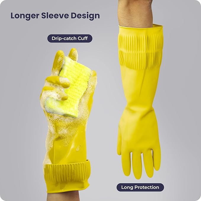 FMP Brands 3/6/12/60 Pairs 15 Inch Extra Long Rubber Dishwashing Gloves - Non-Slip for Cleaning, Kitchen, Bathroom, Gardening