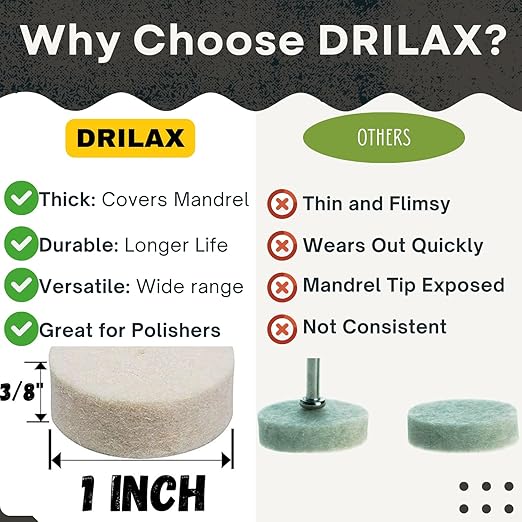Drilax 1-Inch Polishing & Buffing Wheel Kit for Dremel – 100 Pcs with 2 Mandrels – 50% Thicker Wheels for Jewelry, Metal & Resin Shine