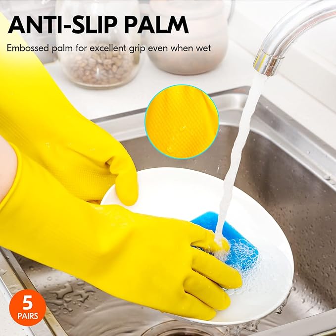 Vgo... 5-Pairs Reusable Household Gloves, Rubber Dishwashing gloves, Extra Thickness, Long Sleeves, Kitchen Cleaning, Working, Painting, Gardening, Pet Care (Size XL, Yellow, HH4601)