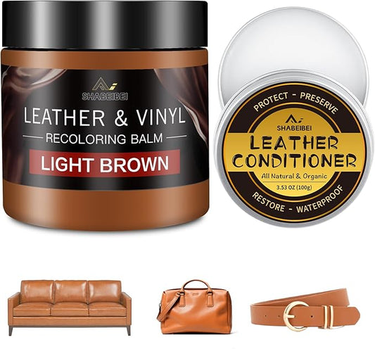 SHABEIBEI Leather Recoloring Balm with 100ml Mink Oil, Light Brown Leather Repair Kit and Scratch Remover for Furniture, Car Seats, Sofas, Dye & Restorer for Couches, Vinyl, PU, Faux