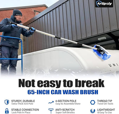 65'' Five-Sided Car Wash Brush with Long Handle, Scratch-Free Car Cleaning Kit with Soft Wash Brush, Tire Brush, Window Squeegee, Car Wash Mitt, Microfiber Cleaning Head & Extension Pole
