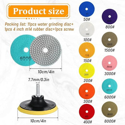 simarro 13 Pcs Granite Polishing Kit, 4 Inch Diamond Polishing Pads with 5/8’’-11 Backer Pad, 50-8000 Grit Wet Dry Polishing Pads for Granite Marble Concrete Stone Countertop Quartz Polishing