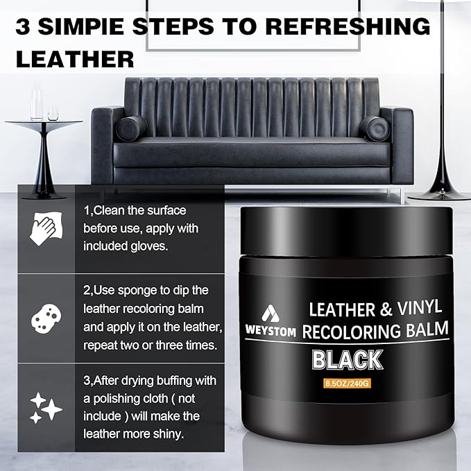 WEYSTOM Leather Recoloring Balm - Black Leather Repair Kit for Furniture, Dye, Recolor, Renew, Repair & Restore Aged, Faded, Cracked, Peeling and Scuffed