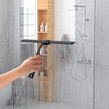 Black 14-Inches Stainless Steel Shower Squeegee Set, Include Shower Door Hook, Adhesive Hook and Spare Silicone Blade, Window Squeegee for Shower Glass Door, Bathroom, Mirror, Window and Car Glass