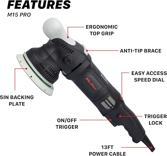 Maxshine M15 Pro Dual Action Polisher | 15mm Throw, 5” Backing Plate, 1000W Motor | Variable Speed, Ergonomic Grip, Low Vibration | Auto, Boat & Marine Detailing Buffer for Paint Correction