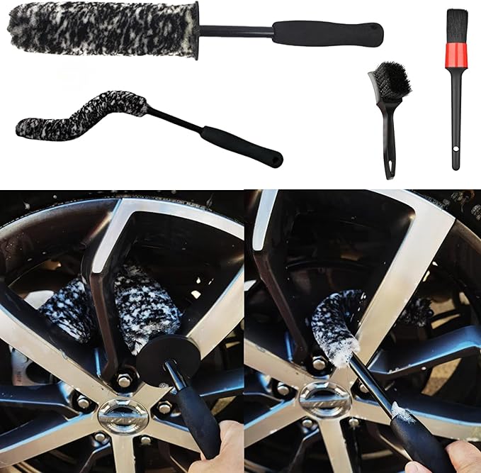 DEKADONS 4PCS Wheel Brush Kit for Cleaning Wheel and Tire, Wheel and Rim Brush, Car Detailing Brushes, 360 Degree Bendable & Durable Car Wheel Rim Cleaner Brush Set (Grey)