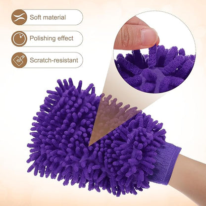 HARFINGTON Chenille Microfiber Car Wash Mitts 9.8" x 7.9" Scratch Free Wash Gloves Absorbent Double Sided Plush Cleaning Drying Mitts for Car Washing Home Purple