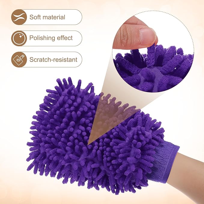 HARFINGTON 2pcs Chenille Microfiber Car Wash Mitts 9.8" x 7.9" Scratch Free Wash Gloves Absorbent Double Sided Plush Cleaning Drying Mitts for Car Washing Home Purple