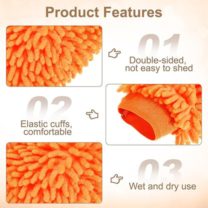 HARFINGTON 2pcs Chenille Microfiber Car Wash Mitts 9.8" x 7.9" Scratch Free Wash Gloves Absorbent Double Sided Plush Cleaning Drying Mitts for Car Washing Home Orange Yellow
