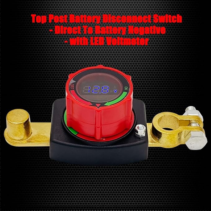 Ampper Battery Disconnect Switch with Voltmeter, 12-48V Battery Cut Off ON/Off Shut Off Switch for Car, RV and More (Top Post Negative)