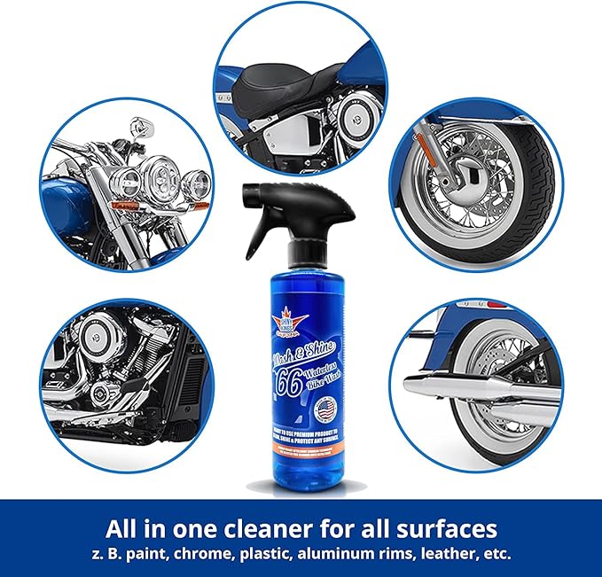 Shinykings Motorcycle Cleaner Wash&Shine 66 | 2x16 fl oz WATERLESS Motorcycle Wash with Ultra Shine Effect | Powerful Detailing Spray for All Surfaces | Motorcycle Cleaning Kit California |