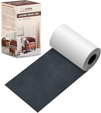 ONine Leather Repair Patch，Leather Repair Tape, 3 x 60 inches Leather Repair Patch for Furniture,Vinyl Repair Kit，Leather Couch Patch，for Sofas, Furniture, Car Seats, Office Chairs(Dark Grey)