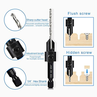 7 Pcs M2 Countersink Drill Bit Set, 3in1 Wood Pilot Countersink Drill Bits for #4#6#8#10#12 Screws Holes, with Adjustable Depth Stop,Quick Release Hex Shank, 2-Allen Wrench