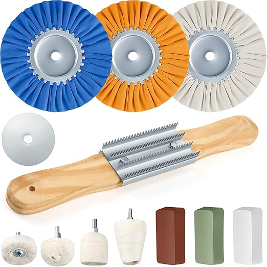 Liliful 12 Pcs 8" Airway Polishing Wheel Kit in Diameter 5/8", Metal Aluminum Buffing Wheel and Polishing Compound and Buffing Drill and Rake Pad for Angle Grinder Mirror Metal Finish (Bright Color)