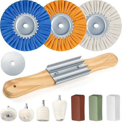 Liliful 12 Pcs 8" Airway Polishing Wheel Kit in Diameter 5/8", Metal Aluminum Buffing Wheel and Polishing Compound and Buffing Drill and Rake Pad for Angle Grinder Mirror Metal Finish (Bright Color)