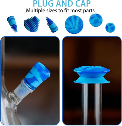 Glass Cleaning Kit with Reusable Silicone Accessories - Complete Set of Cleaning & Storage Tools for Easy Glassware Care，Reusable Microfiber Towel & Soaker Bag, Brushes, Mat, Caps Funnel & Plugs