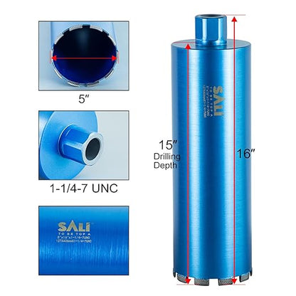 SALI Wet Diamond Core Drill Bits 5"/127mm Diameter, 15"/380mm Drilling Depth Concrete Core Drill Bit, 1-1/4-7" Thread Core Bit Turbo Laser-Welded Segments with Rebar, Brick, Block, Masonry, Stone