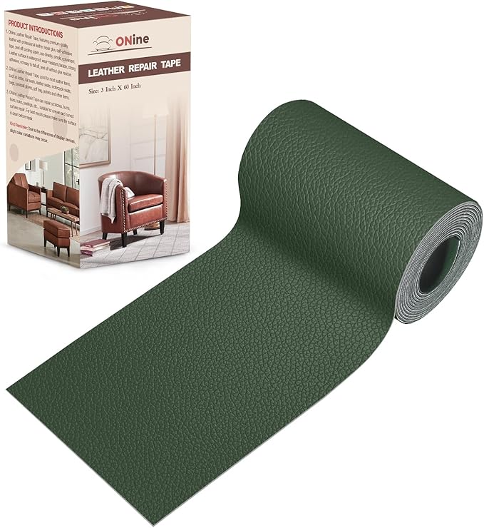 ONine Leather Repair Patch，Leather Repair Tape, 3 x 60 inches Leather Repair Patch for Furniture,Vinyl Repair kit，Leather Couch Patch，for Sofas, Furniture(Blackish Green-Litchi Grain)