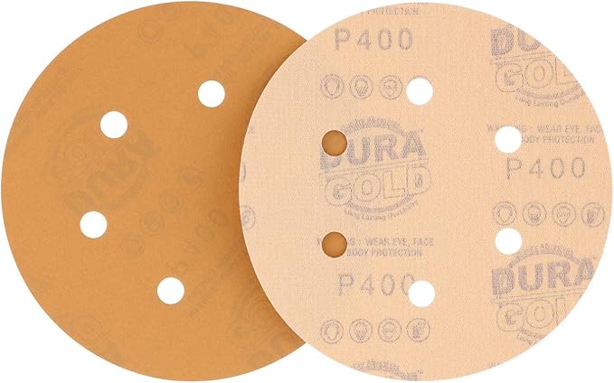 Dura-Gold Premium 400 Grit 6" Gold Sandpaper Discs, 6 Hole Pattern Dustless, Box of 50 - Hook & Loop Backing for DA Sander, Finishing Fine Cut Sanding Abrasive Automotive Paint, Woodworking Wood Metal