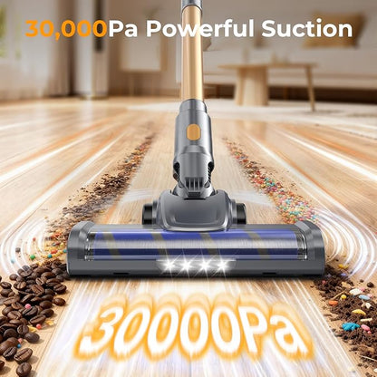 Cordless Vacuum Cleaner, 30Kpa Vacuum Cleaners for Home, Stick Vacuum with LED Display, 2 Roller Brushes for Anti-Tangle & Hard Floor, 6 in 1 Lightweight Vacuum for Hard Floors Carpet Pet Hair