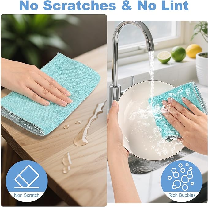 TIVERAIN 10pcs New Upgrade 2-Layer Microfiber Wire Dishcloth,Non-Scratch Wire Dishwashing Rags for Wet and Dry,Metal Scrubbers, Kitchen Miracle Cleaning Dish Rags for Cookware,Sinks, Dishes,Stove,Blue