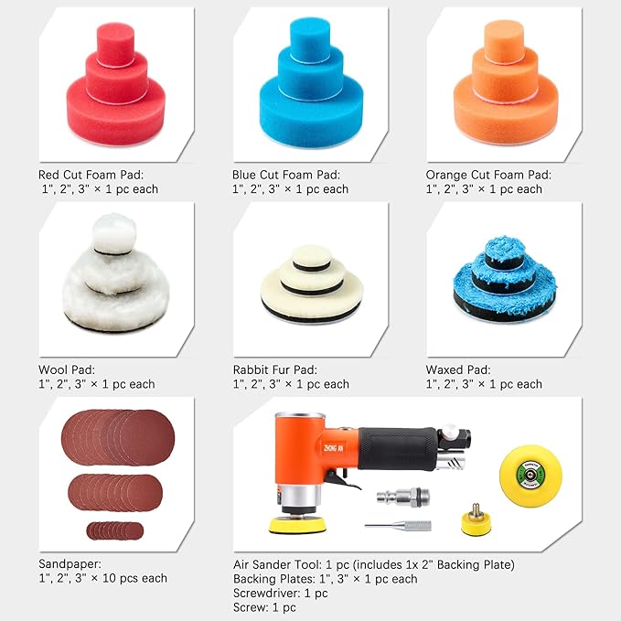 ZHONG AN 1/2/3 in Mini Orbital Sander Pneumatic da sander Polisher Smooth and Swirl Freely for Auto Body Work Wood working with 18Pcs 1/2/3in Polishing Sponge & Wool Pads, 30Pcs Sandpapers(Orange)