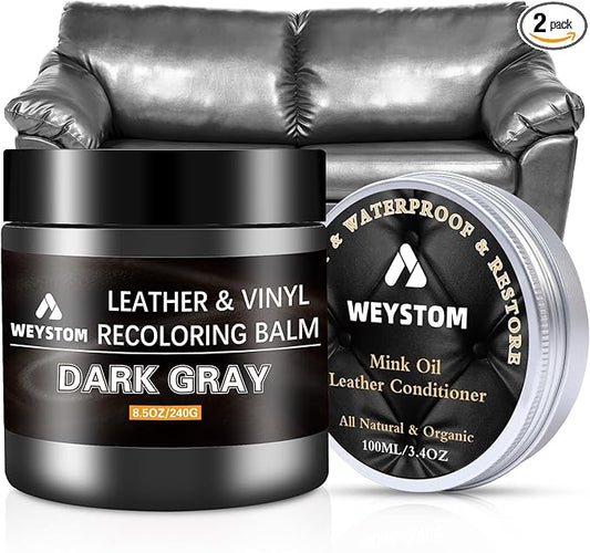 8.5 OZ Leather Recoloring Balm with 100ML Leather Conditioner - Dark Gray Leather Repair Kit for Furniture, Leather Dye, Recolor, Renew, Repair & Restore Aged, Faded, Cracked, Peeling and Scuffed