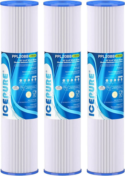 ICEPURE 20" x 4.5" Whole House Water Filter, 5 Micron Pleated Sediment Water Filters Replacement Cartridge for Well Water, Compatible with ECP5-BB, AP810-2, SPC-45-1005, CP5-BB, ECP1-20BB, 3 PACK