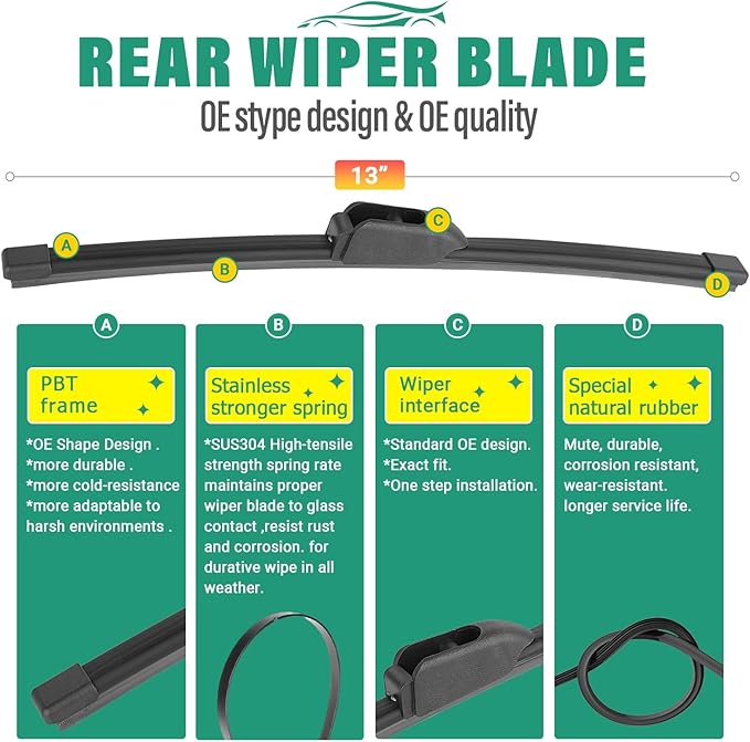 28" 14" 13" Windshield Wiper Blades Replacement for Hyundai Elantra 2012 2013 2014 2015 2016 Elantra GT 2017 Premium All Weather Front Rear Wipers Set - OEM Quality (Pack of 3)