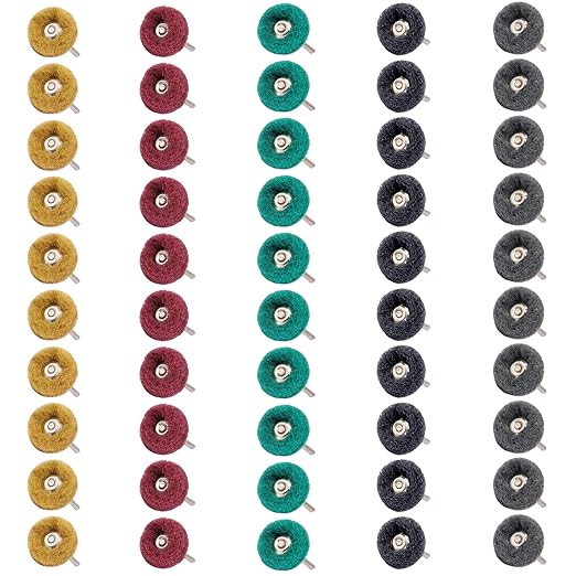 50 PCS Abrasive Buffing Wheels,1 Inch Buffing Polishing Wheel Set for Rotary Tool Accessorie 1/8'' (3mm) Shank, 80 150 240 400 600 Grits for Metal,Wood, Rust Removal