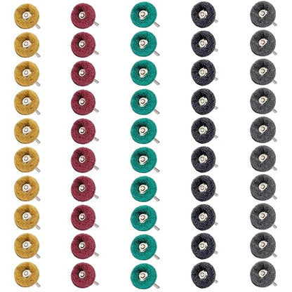 50 PCS Abrasive Buffing Wheels,1 Inch Buffing Polishing Wheel Set for Rotary Tool Accessorie 1/8'' (3mm) Shank, 80 150 240 400 600 Grits for Metal,Wood, Rust Removal
