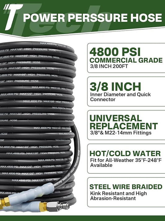3/8" 4800PSI Pressure Washer Hose 200FT with Swivel Quick Connect for Cold/Hot Water Max 248°F, Kink Resistant Steel Wire Braided, Wear Resistant Power Washer Hose with M22 14mm Adapter
