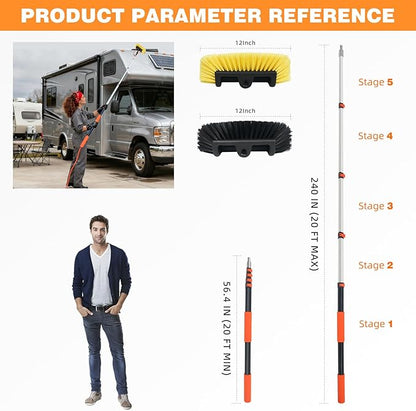 20FT/240inch Car Wash Brush with Long Handle Water Fed Telescopic Pole with Angle Adapter 12" Soft and Hard Bristle Cleaning Tool for Car Truck RV House Floor Window Glass Roof Pool