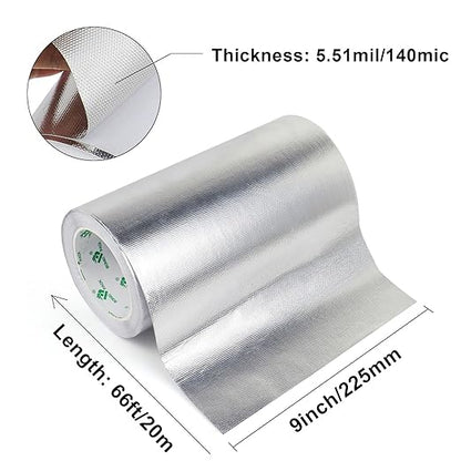 BOMEI PACK Adhesive Aluminum Foil Heat Shield Tape Barrier, Fiberglass Thermal Insulation Reflective Material High Temp Protection (9inch x 66ft)