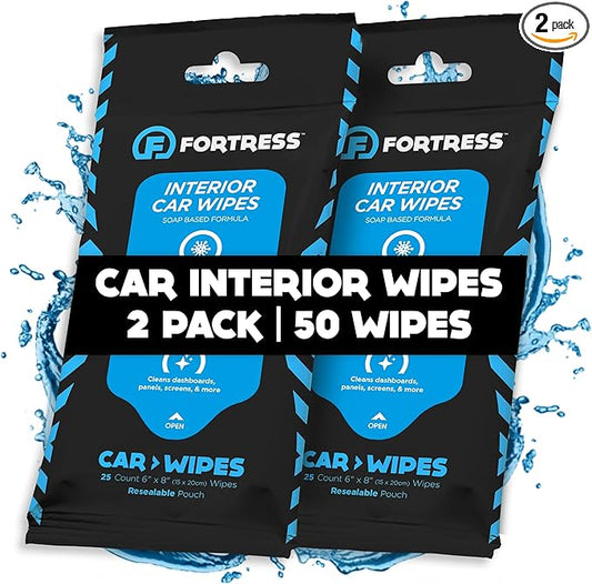 Fortress Car Interior Wipes (25 ct, Pack of 2) for Car Interior Cleaning, Dashboard, Seats, Detailing, and Steering Wheel [Travel Size] Skin-Safe Car Interior Cleaner Supplies