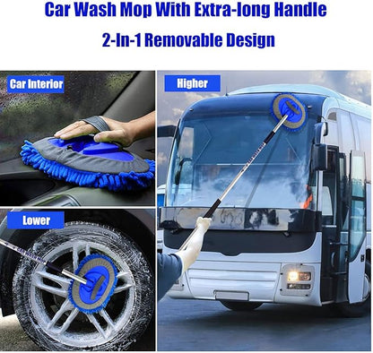 62" Car Wash Brush Mop Kit with Long Handle, 2 in 1 Chenille Microfiber Sponge Mitt Cleaning Detailing Duster for Washing Cars Truck SUV RV Caravans and Household(2 x Mop Head) (Blue)