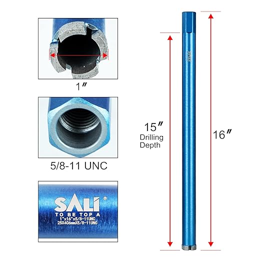 SALI Wet Diamond Core Drill Bits 1"/25mm Diameter, 15"/380mm Drilling Depth Concrete Core Drill Bit, 5/8-11" Thread Core Bit Turbo Laser-Welded Segments with Rebar, Brick, Block, Masonry, Stone