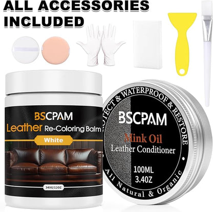 BSCPAM 12oz Leather Recoloring Balm & 3.4oz Mink Oil Leather Conditioner kit,White Leather Color Repair Kits for Couches, Leather Couch Paint Scratch Repair for Furniture Car Sofa Shoes Leather Dye