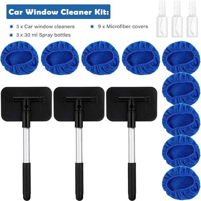 Frienda 3 Set Windshield Cleaner Tool Inside Car Window Cleaner Tool with 3 Extendable Handle 9 Reusable Microfiber Pads and 3 Spray Bottles for Auto Home Interior Exterior Glass Cleaning(Blue)