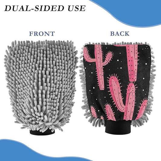 ALAZA Pink Cactus Cacti Car Wash Mitt Scratch Free, 2 Pack Absorbent Microfiber/Chenille Washing & Drying Mitts, M