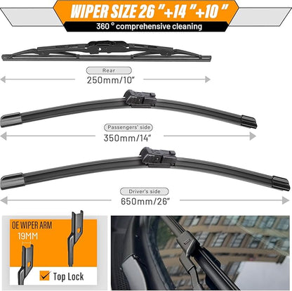 AUTOBOO 26"+14" Windshield Wipers with 10" Rear Wiper Blades Replacement for Chevrolet Trax 2013-2021 2022 2023,Buick Encore 2013-2022,Opel Mokka 2012-2020 -Original Factory Quality (Pack of 3)