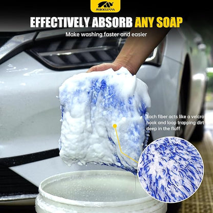 MIKKUPPA Microfiber Car Wash Mitt - Double-Sided Ultra Absorbent Scratch Free Premium Blend Glove for Car Washing Home Cleaning (Blue, 2Pack, 11'' x 8'')