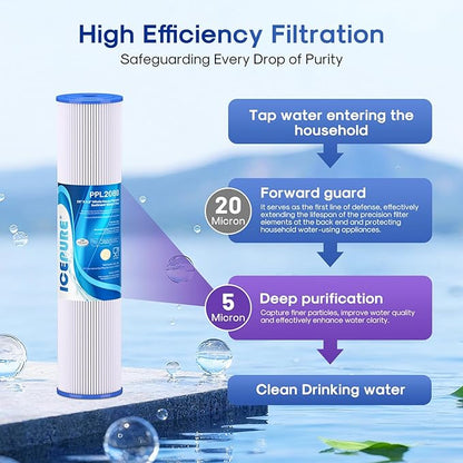 ICEPURE 20" x 4.5" Whole House Pleated Sediment Filter for Well Water,Remove Rust,Chlorine, Replacement Cartridge for ECP5-BB, AP810-2, HDC3001, SPC-45-1005, CP5-BB, ECP1-20BB, S1-20BB,R30-20BB,2Pack