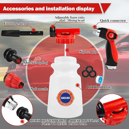 56Pcs Car Wash Cleaning Kit with Foam Gun, Car Wash Brush with Long Handle, Car Detailing Kit, Car Wheel Brush for Car Cleaning Supplies, Adjustable Hose Wash Sprayer-Quick Connector to Any Hose