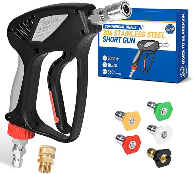 TOOLCY Pressure Washer Short Gun with Stainless Swivel & QC, 304 Stainless Steel 3/8" Plug & 1/4" Quick Connect, Commercial Grade, Max 5000 PSI / 10.5 GPM, Premium Power Washer Gun for Car Detailing