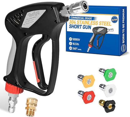 TOOLCY Pressure Washer Short Gun with Stainless Swivel & QC, 304 Stainless Steel 3/8" Plug & 1/4" Quick Connect, Commercial Grade, Max 5000 PSI / 10.5 GPM, Premium Power Washer Gun for Car Detailing