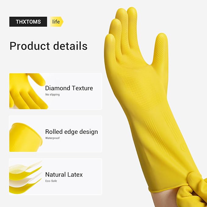 MNOPQ 3 Pairs Rubber Dishwashing Gloves,Reusable Household Gloves for Washing Dishes, Kitchen Cleaning,Painting, Gardening, Pet Care,Extra Thickness, Non-Slip,M