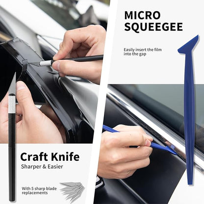 Window Tint Kit, Profession Car Wrap Kit with Felt Squeegee and Felt Replacements, Craft Knife and Blades, Safe Vinyl Cutter, Micro Squeegee for Vinyl Wrap Tools Tint Tools